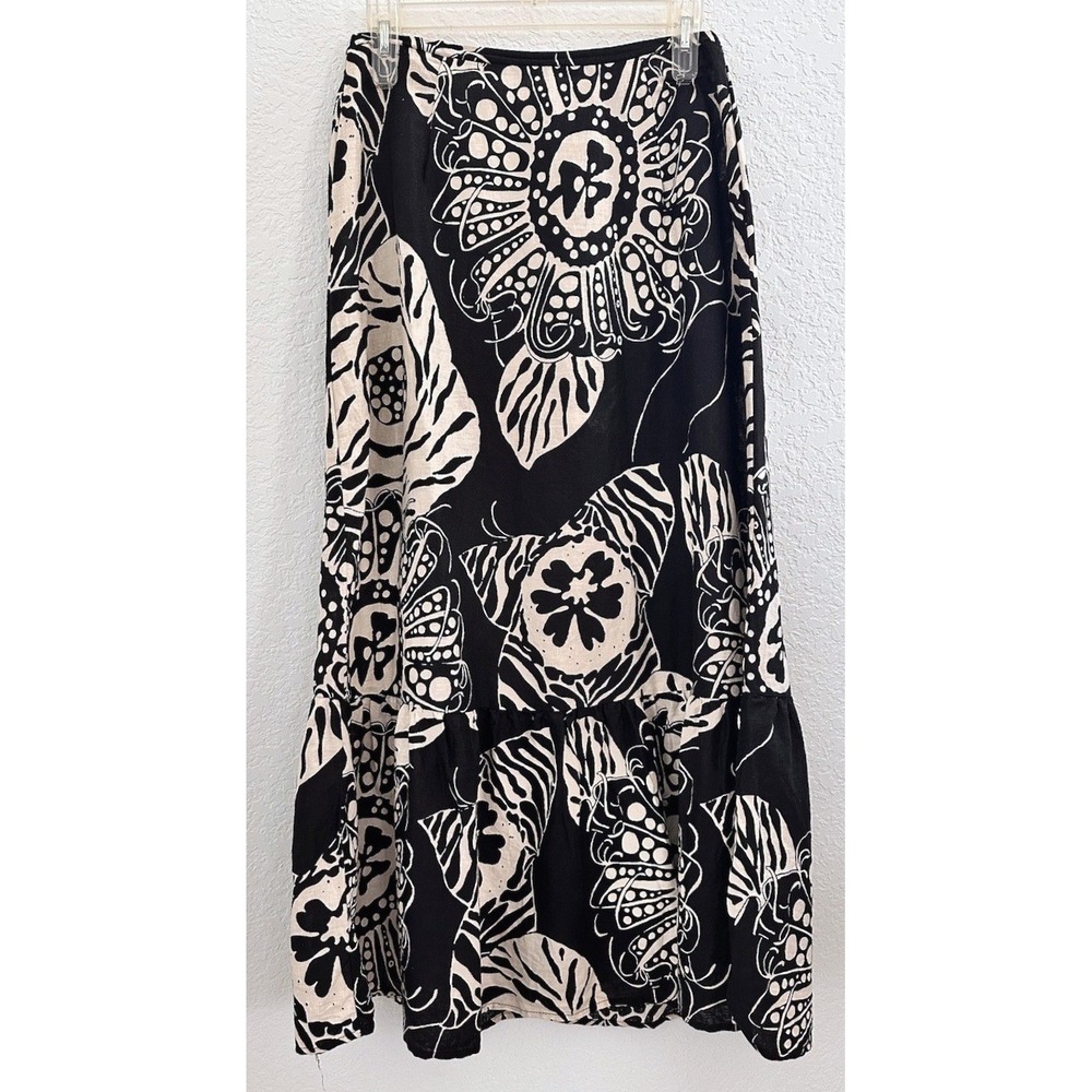 Christian Siriano Earthy Cottagecore Black Linen Blend Floral Maxi Skirt S
